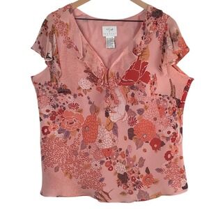 VISION APPAREL Silk Ruffle V-Neck Flutter Sleeve Blouse Sz 1X Pink Fairy Whimsy